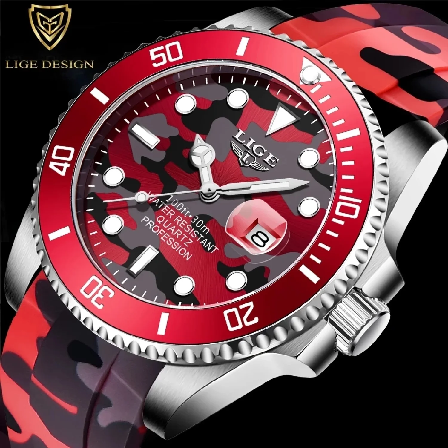 

2023 New Fashion Men Watches LIGE Top Brand Luxury Camouflage Quartz Wrist Watch Sport Red Silicone Watch For Men Reloj Hombre