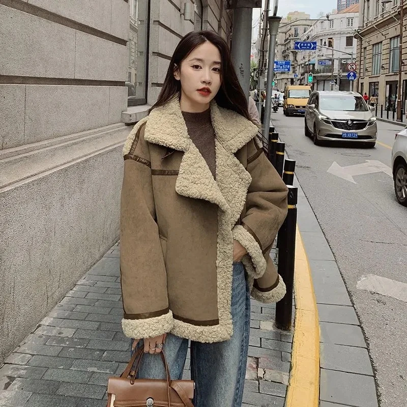

2023 New Winter Women Oversized Teddy Jacket Autumn Faux Fur Collar Coats Jackets Female Loose Thickened Lamb Wool Coat