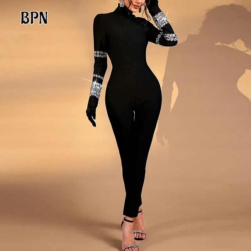 BPN Streetwear Patchwork Diamonds Jumpsuits For Women Stand Collar Long Sleeve High Waist Solid Slimming Jumpsuit Female Fashion