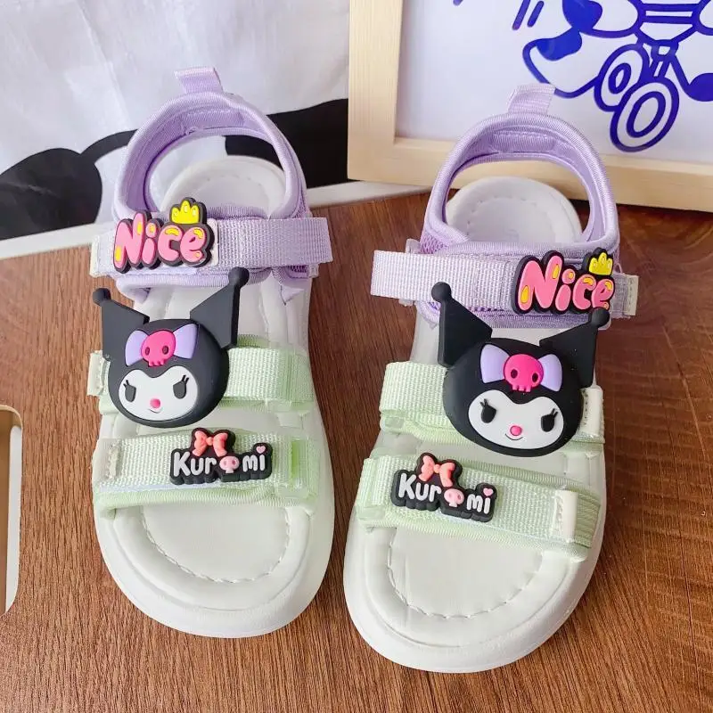 

2024 Kuromi Girls Sports Sandals Sanrio Kawaii Anime Summer Sweet Cute Korean Version Toe Babys Beach Shoes Soft Soled Kid Gift