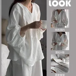 Korean version lazy sleepwear women spring and autumn new solid color simple loose long sleeve can be worn outside the home suit