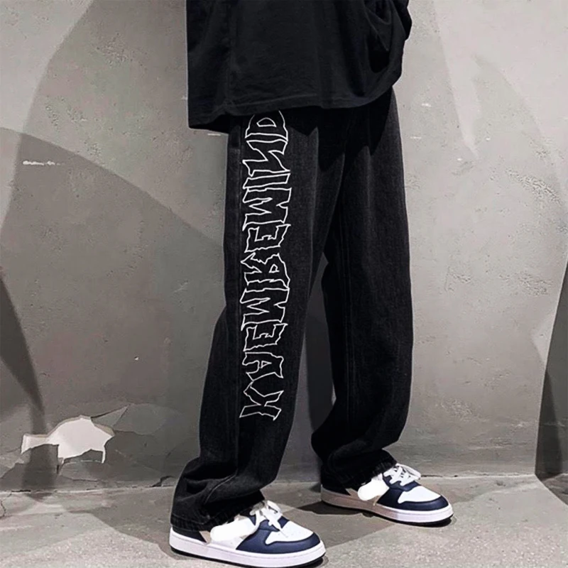 Men's Women Hip Hop Male Black Printed Y2K Baggy Jeans Man Retro Vintage Denim Pants Straight Trousers Wide Leg Pants For Men