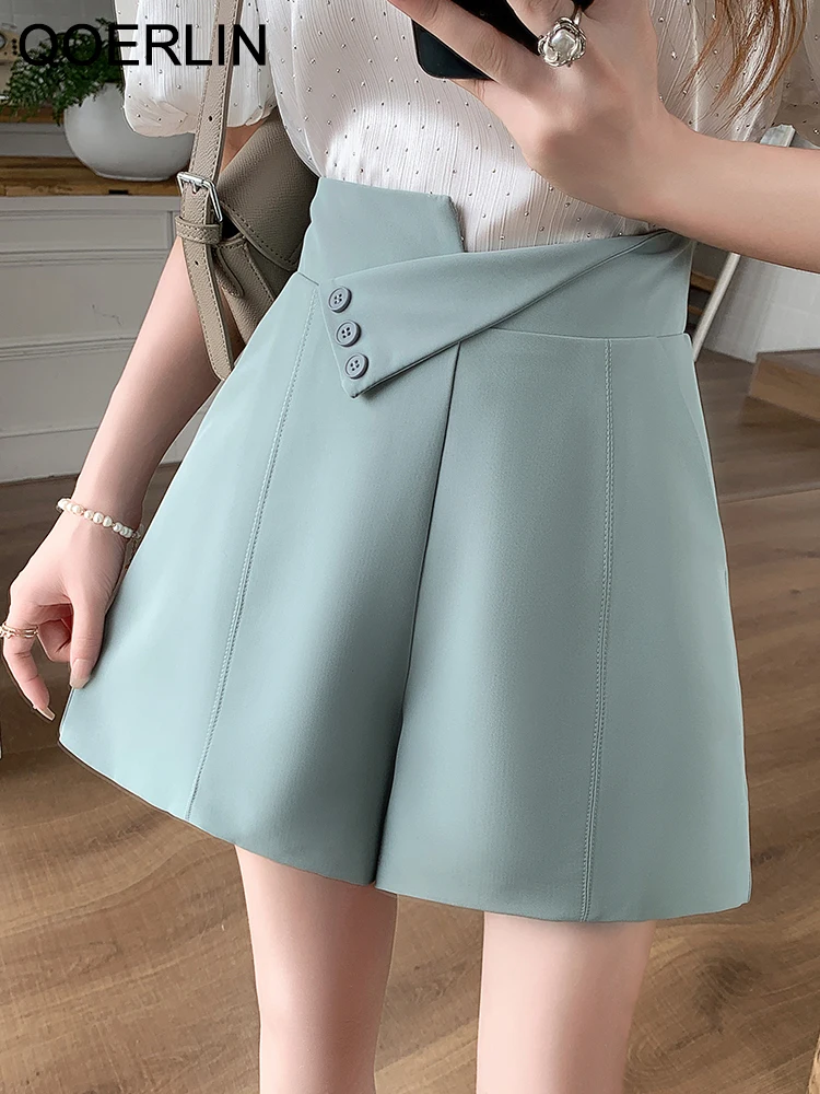 QOERLIN Women High-Raise Black Shorts Summer Irregular Waist Back Zipper A-Line Trousers Shorts Girls Elegant Office Ladies Wear