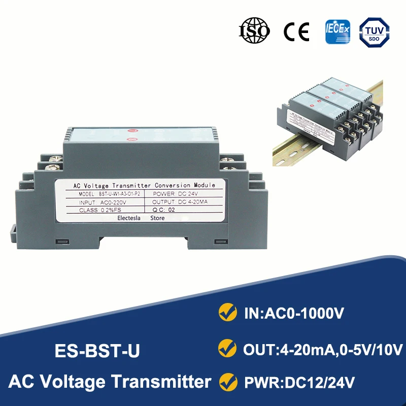 ES-BST-U AC Voltage Transmitter Sensor Transducer 5V 100V 220V 380V 1000V Input 4-20mA 0-10V Output Signal Monitoring |