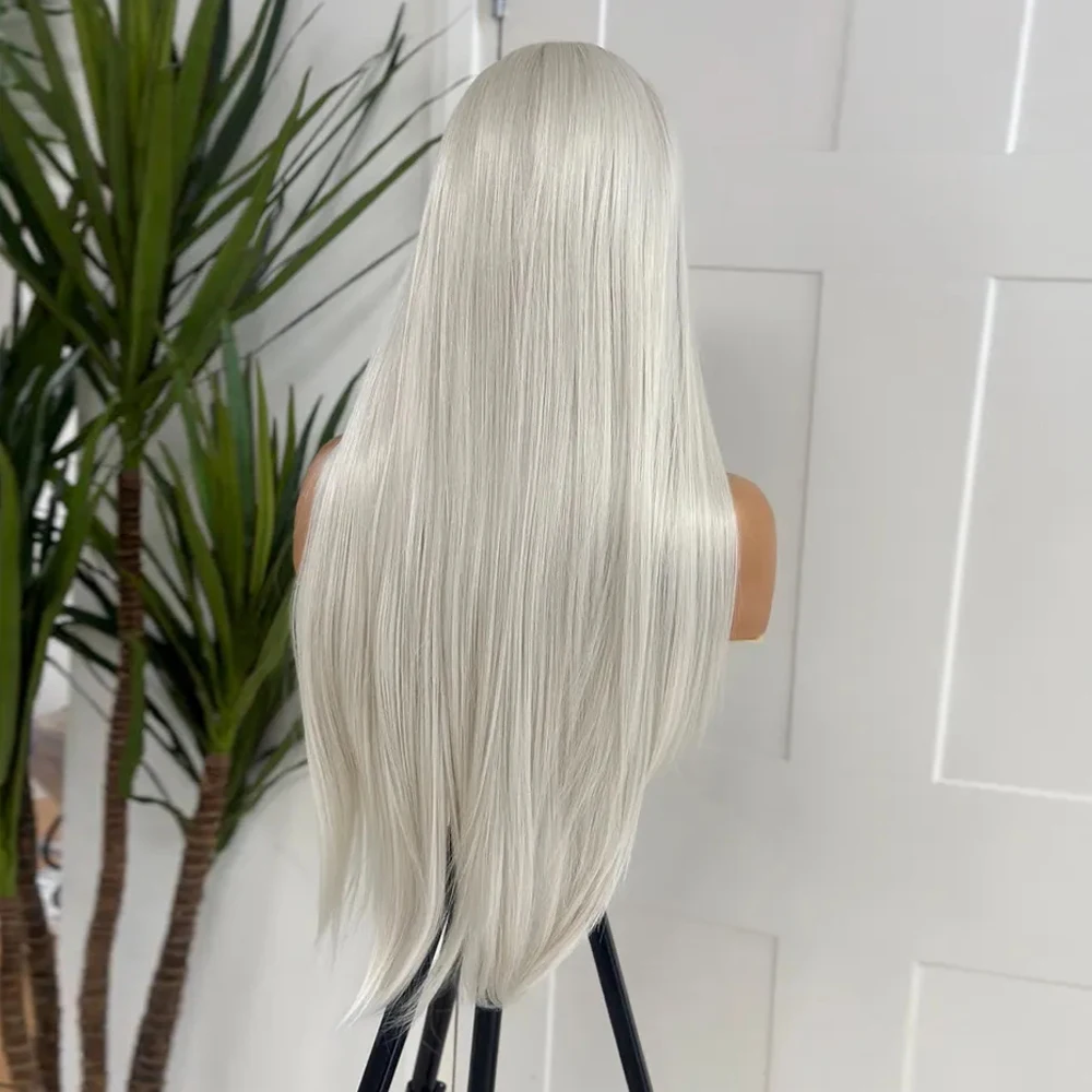 Platinum Blonde #60 Colored Straight Hair Frontal Wig Human Hair Blended Synthetic HD Lace Front Wig 26Inches Women Daily Use