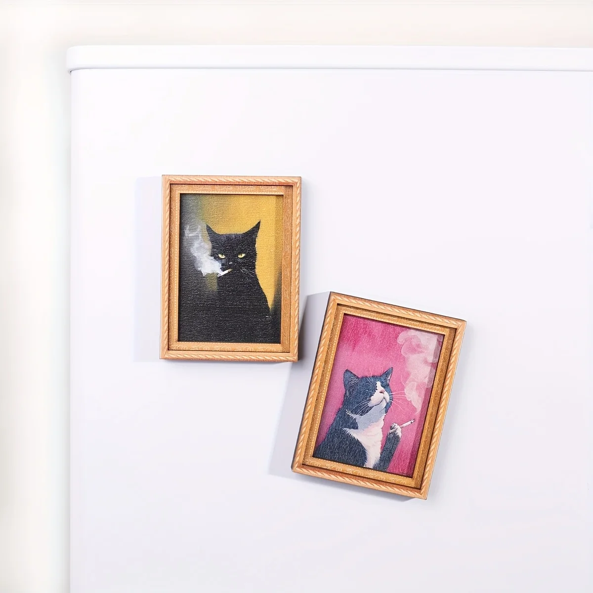 Black Cat Series Oil Painting Style Screaming Kitten Magnetic Photo Frame Wooden Vintage Magnetic Fridge Magnet
