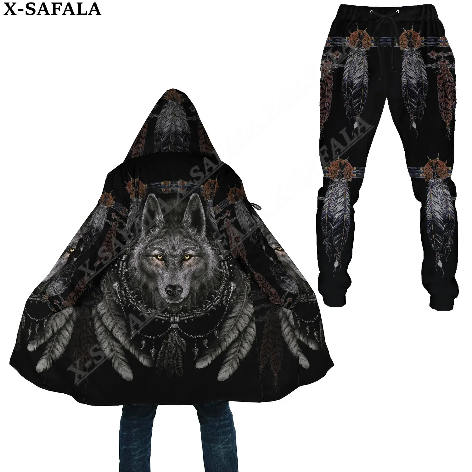 

Native Feather Wolf Thick Warm Hooded Cloak Sweatpants Combo Set Overcoat Coat Windproof Fleece Unisex Long Joggers Trousers