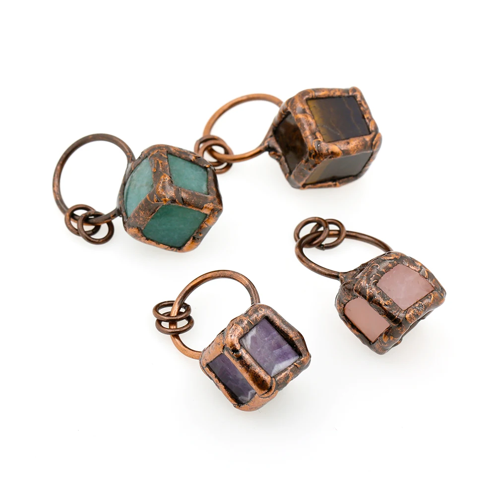 

Natural Copper Amethyst Pink Crystal Fluorite Tiger Eye Stone Cube Vintage Pendants Bohemia Gems Charms