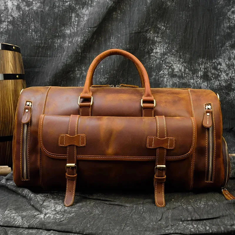 

Vintage Fashion Handbags For Men Genuine Leather Travel Duffles Travelling Shoulder Bag Cowskin Hand Luggage Bags Large Duffle