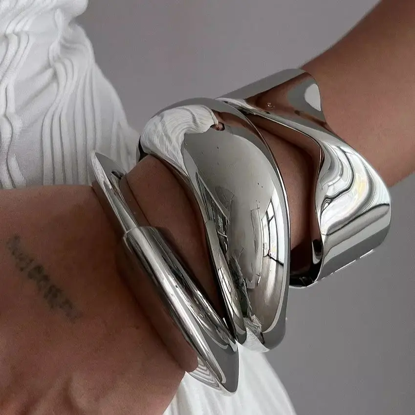3 Colors Sweet Cool Punk Irregular Cuff Bangles Bracelets Vintage Silver Color Geometric Metal Spring Bangles Women Men