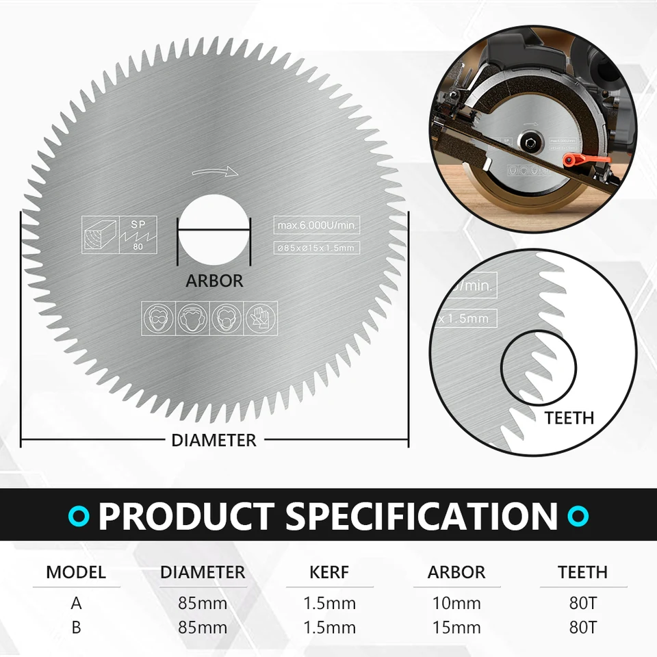 72-Tooth HSS Circular Saw Blade - 85mm (3.35") Diameter, 10mm Bore, For Cutting Wood, Plastic, PVC, Aluminum