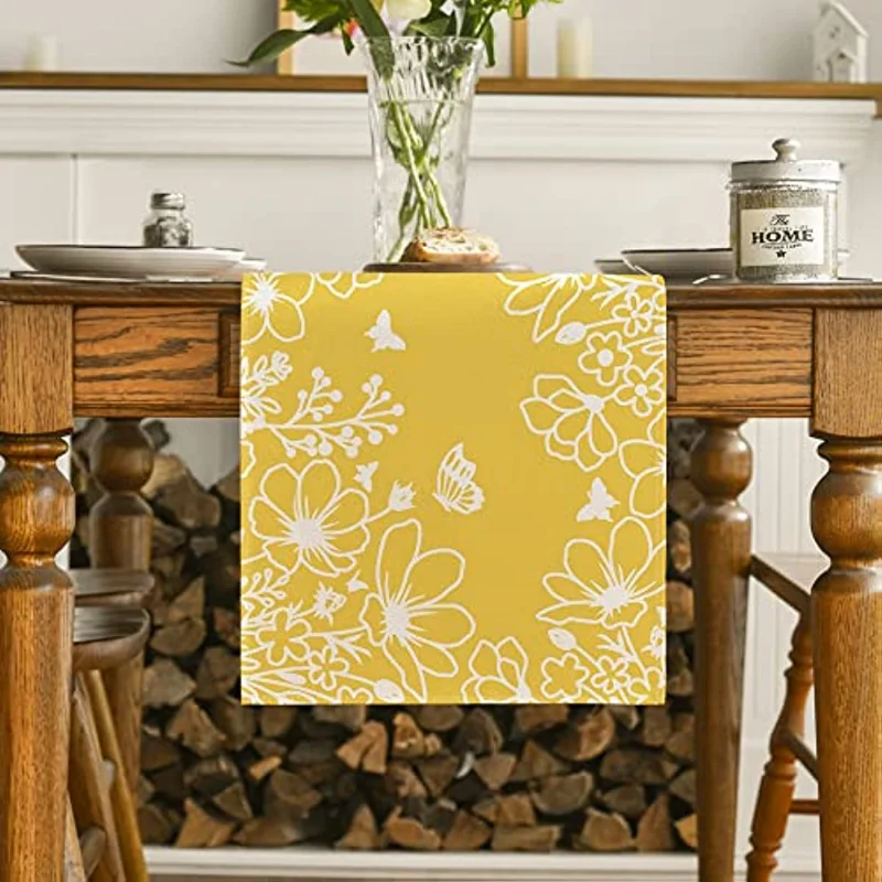 Yellow Blooming Flower Butterfly Spring Table Runner Holiday Kitchen Table Decoration Suitable for Family Gathering Table Runner