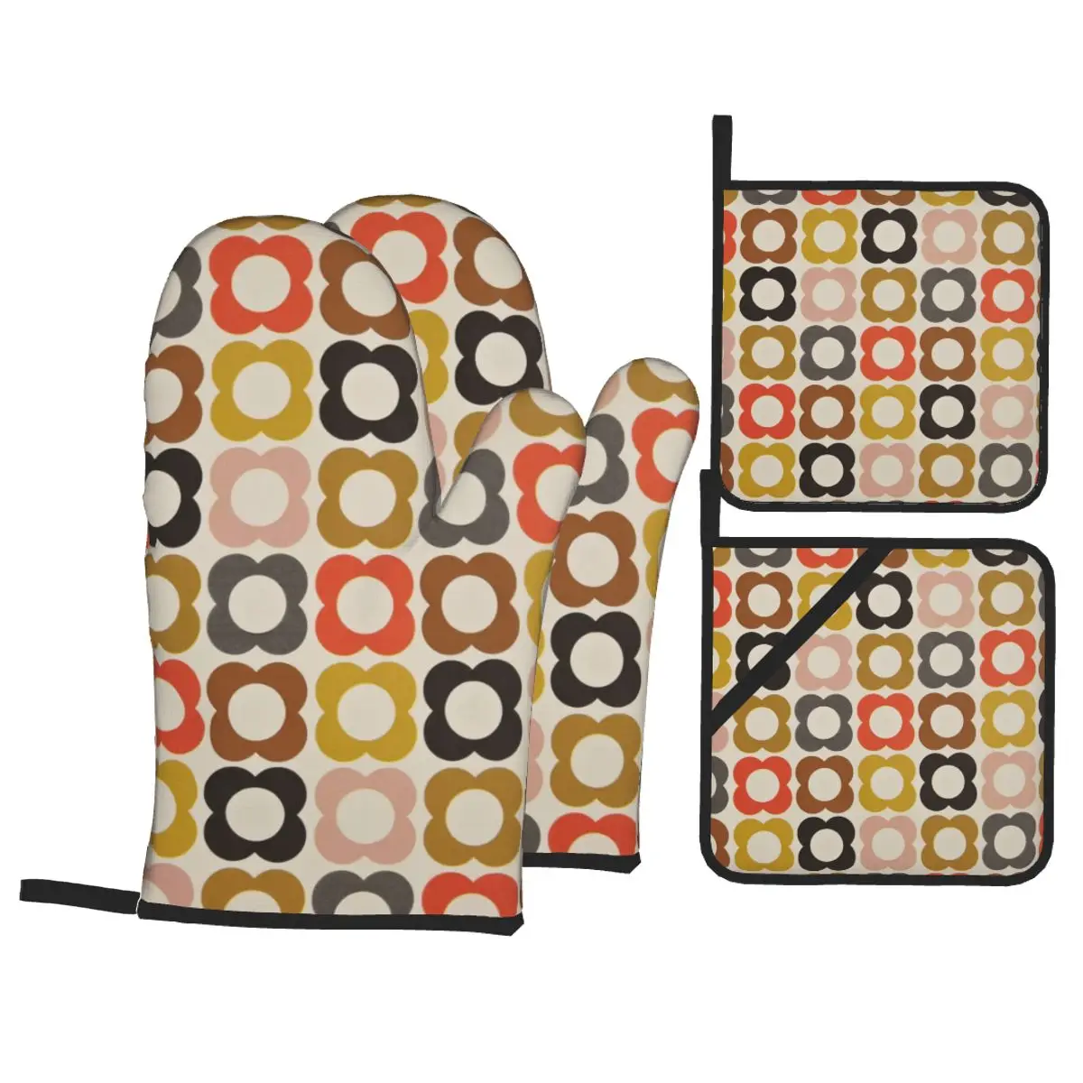 Orla Kiely Oven Mitts and Pot Holders 4pcs Set Heat Resistant Style BBQ Kitchen Gloves for Cooking Baking Grilling Potholder