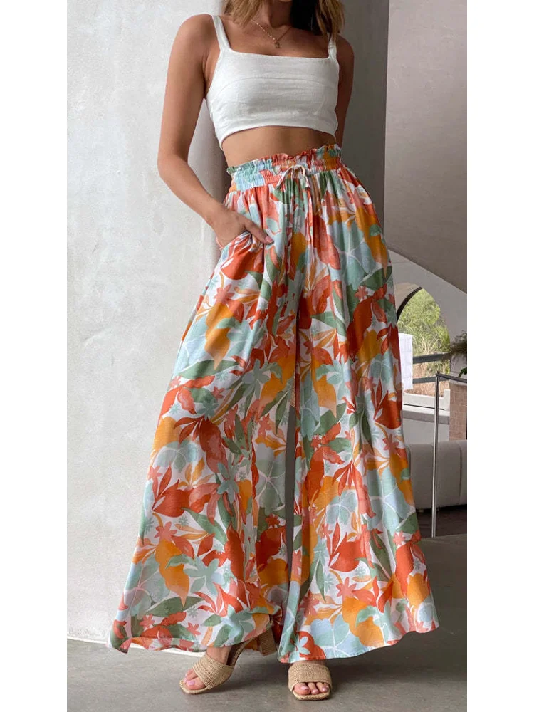 Streetwear Women 2023 Spring Summer Solid Color Comfortable Casual Wide Leg Pants Fashion Print Loose High Waist Trousers Women