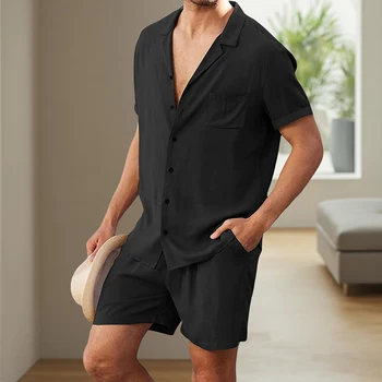 Men s Casual Two Piece Linen Outfit with Short Sleeve Button-up Shirt and Elastic Waist Shorts in Solid Color 4