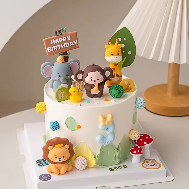 Jungle Wild Animal Birthday Cake Topper Forest Animals Lion Giraffe Kids 1st Birthday Party Cake Decoration Supplies Baby Shower