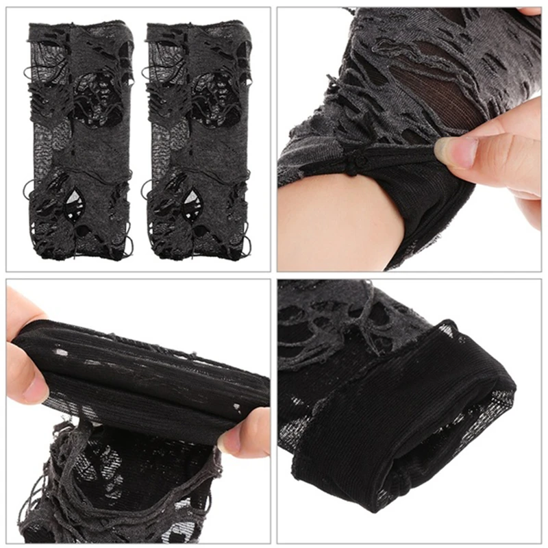 Gothic Fingerless Gloves - Halloween Ripped Cosplay Accessories for Adults