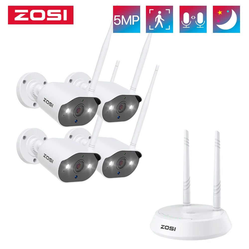 Zosi 1080p Wireless Cctv System 8ch 2k Powerful H.265+ Nvr 8pcs 2mp Ip Bullet Cctv Camera Wifi