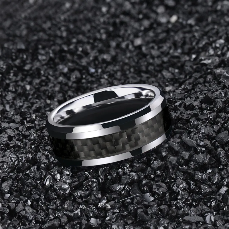 Tigrade 6/8mm Black Carbon Fiber Men's Ring Tungsten Carbide Engagement Ring Wedding Band Men Women Design anel mascul 3