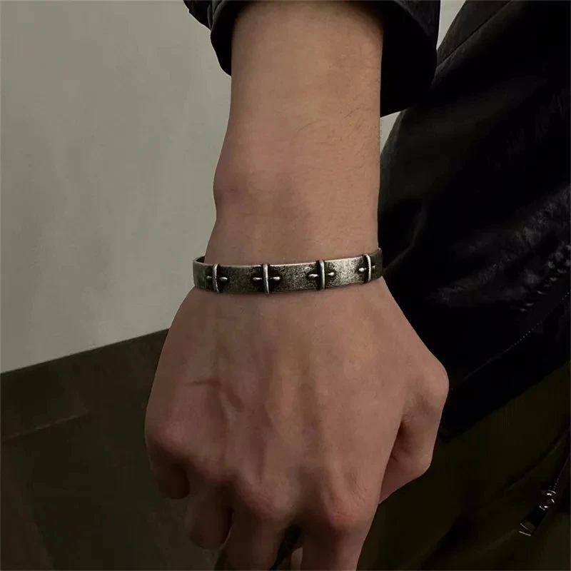 

INS Fashion Cross Embossed Bracelet Chain Couple Handmade Sterling Silver Retro Niche Vanguard Design Trend Accessories Jewelry