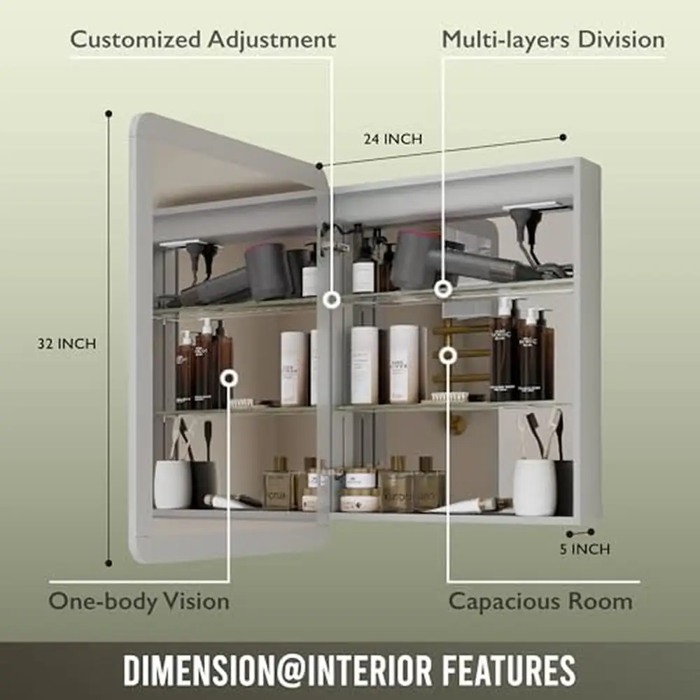 24x32" LED Cold Warm Light Glass Mirror Medicine Cabinet Aluminum Alloy Frame