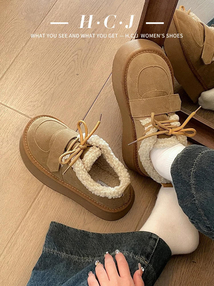 

Женские туфли в стиле ретро на платформе и низком каблуке, зимние криперы с круглым носком, новинка, базовые плюшевые полуботинки со шнуровкой, однотонные Rom