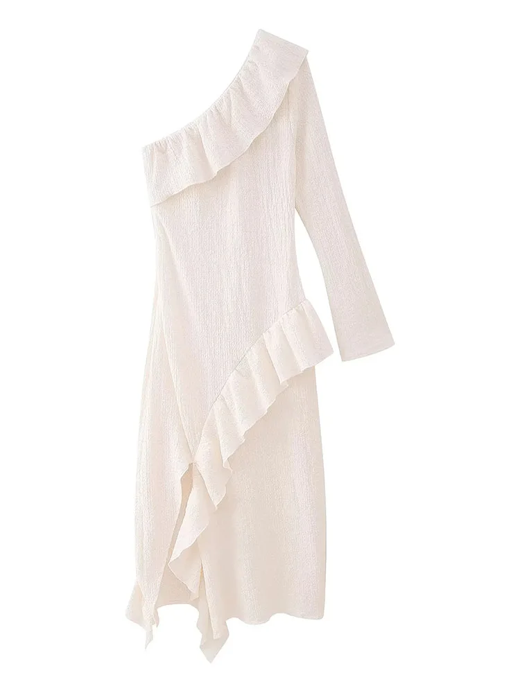 

ZADATA New Women's Fashion Sexy Ruffled Slant Collar Sleeveless Slim Elegant Versatile Popular Commuting Dress