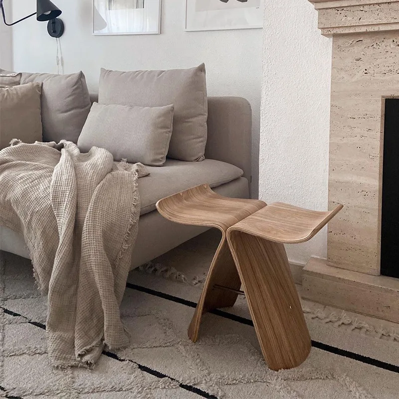 Solid Wood Stool folding stool foot stool Ins Simple Living Room Butterfly Chair Stool Fitting Room Stackable Shoe Log Nordic Small