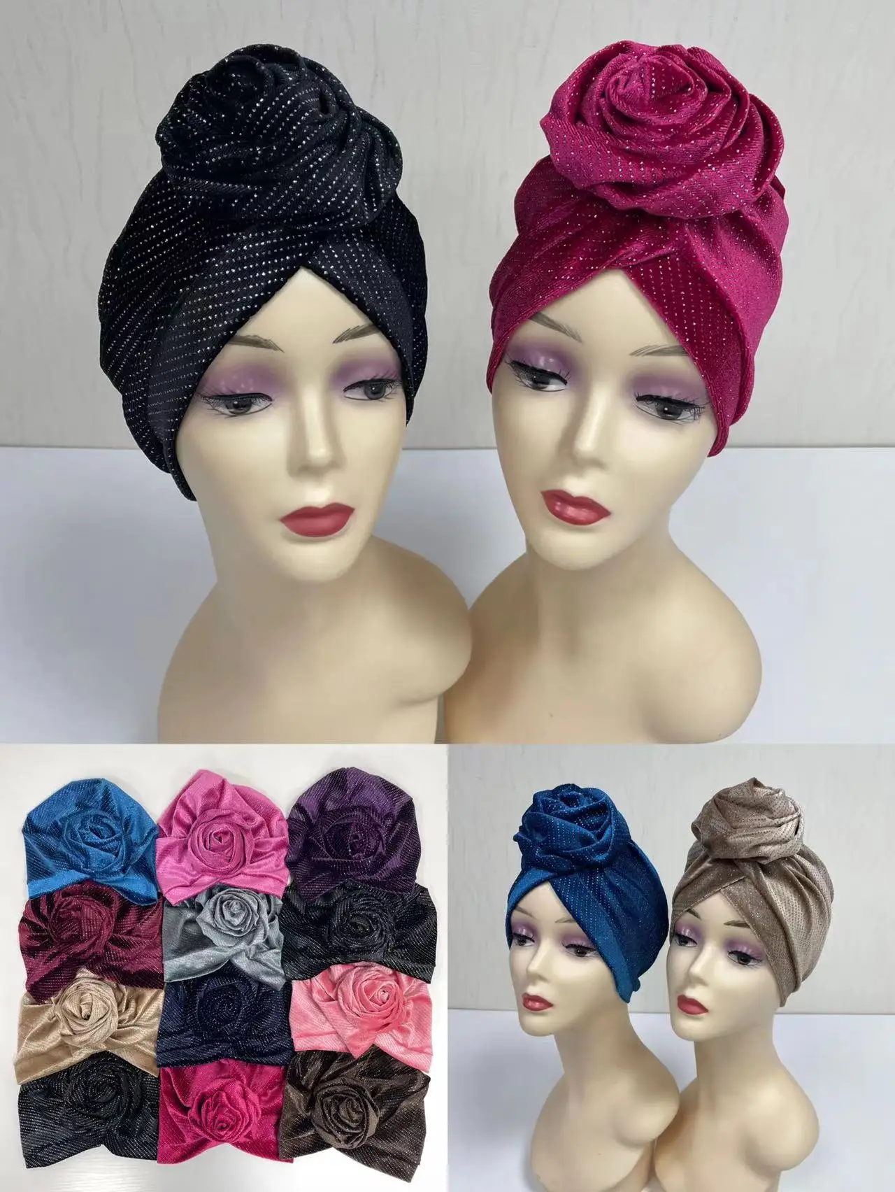 

Newest Women's Turban Bonnet Flower Velvet Head Wraps Beanies Muslim Headscarf Cap Soild Color Headpiece Turbante Mujer 12pcs