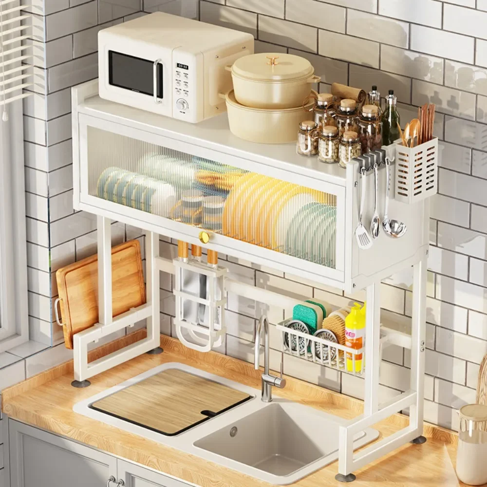 Metal Storage Rack Above Kitchen Sink Cutlery Storage Cabinet Multi Functional Dust-proof Belt Cabinet Door Bowl Tray Drain Rack