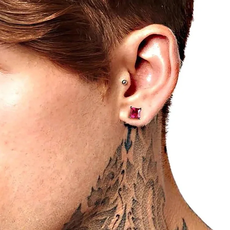 Square Crystal Studs Earrings Men Vintage Simple 4 Claws