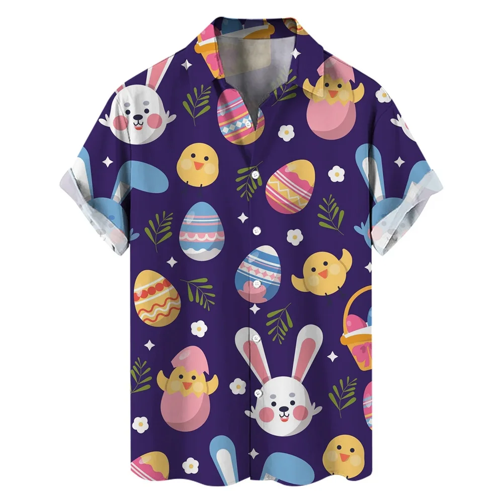 thumbnail image 1 of Camisa hawaiana con estampado de dibujos animados en 3D para hombre y mujer, ropa de verano, camisa de playa con conejo para el día de Pascua, regalos para niños, blusas con botones, 1 of 4