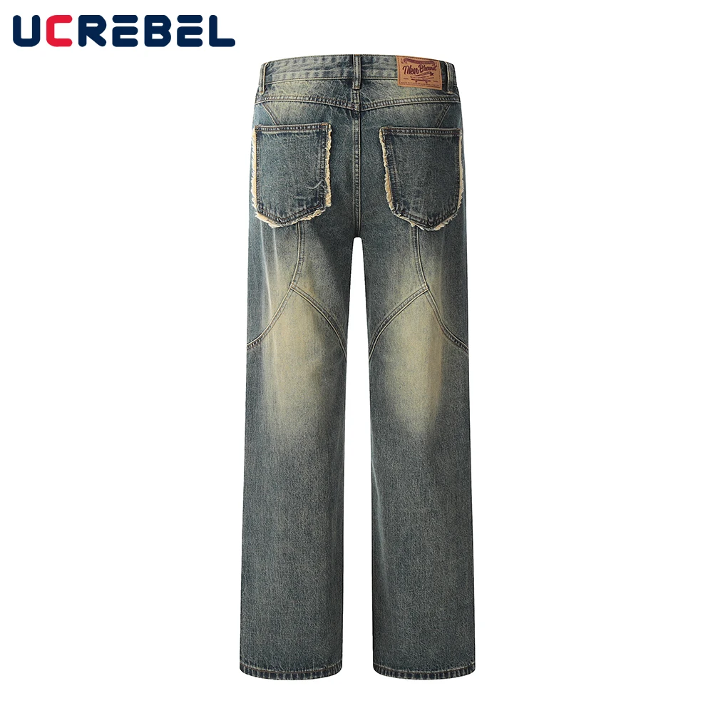 

Washed Retro Spliced Loose Denim Pants Mens Streetwear Straight-leg Casual Jeans Autumn Winter Trousers