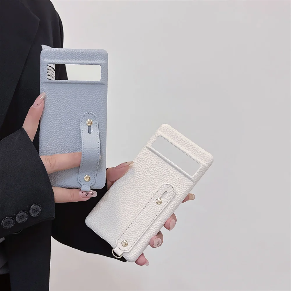 Colorful Litchi Leather Wrist Strap Phone Case with Finger Ring Buckle