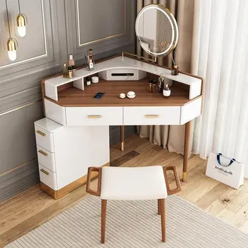Modern Corner Makeup Vanity Table with LED Lighted Mirror, Vanity Desk with 5 Drawers, Piano Finish, Solid Wood Legs, Stool 2