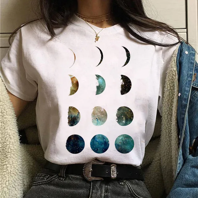New Women's T-shirt Oversized Streetwear Black Moon Casual Round Neck T-shirt Lunar Eclipse Printed Women T-shirt Tee Tops E489-White