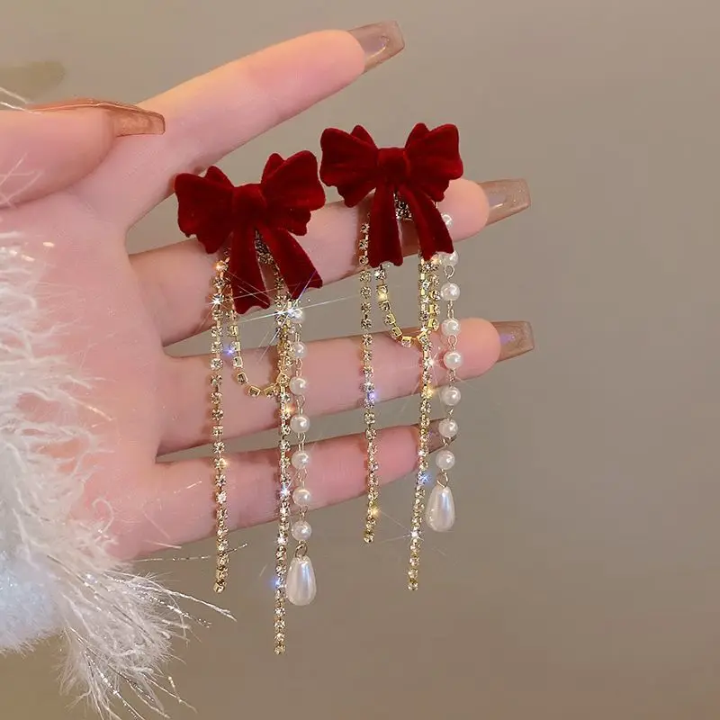 New Wine Red Velvet Rose Pearl Earrings for Women Vintage Red Rose Elegant High-end Studs Earrings Jewelry Accessories Gifts