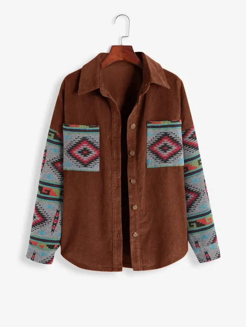 ZAFUL Ethnic Aztec Printed Corduroy Shacket Waisted Shirt Jacket