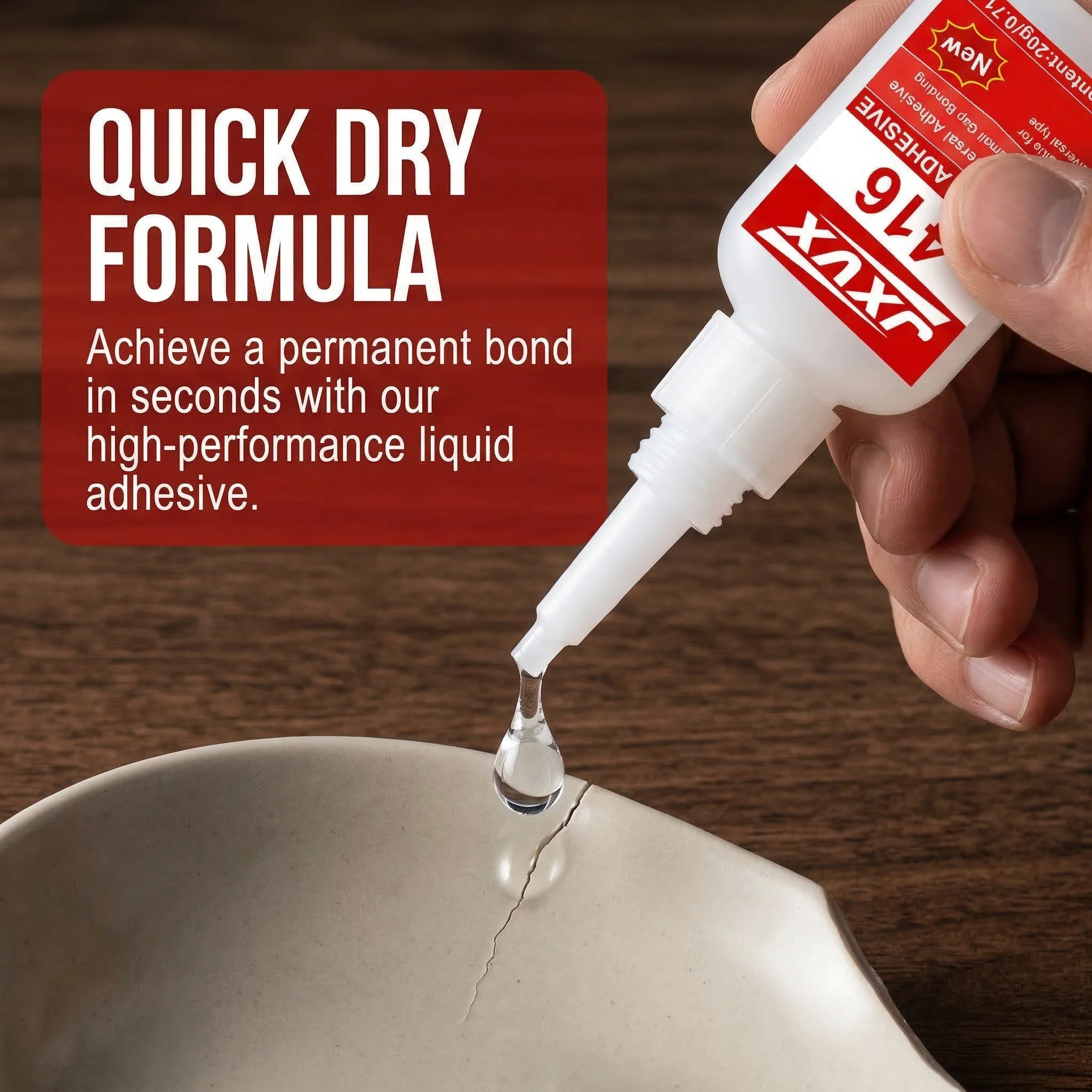 Main tenant un tube de super-colle cyanoacrylate 20g, appliquant la colle sur une surface métallique.