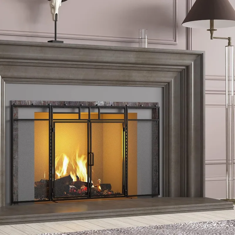 3-Panel Folding Fireplace Screen with Magnetic Hinged Doors, Solid Wrought Iron Panels Fire Spark Guard 3