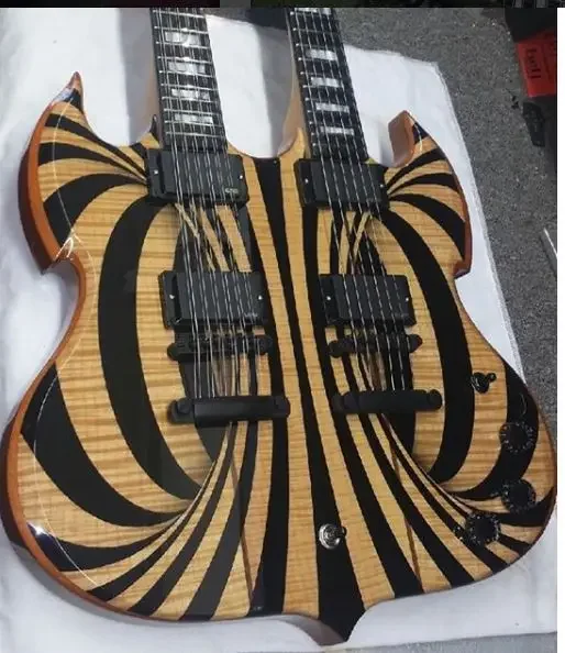 

Custom Wylde Audio Barbarian 12 & 6 strings Double Neck Gloss Black Behemoth Electric Guitar Copy EMG Pickups, Black Hardware