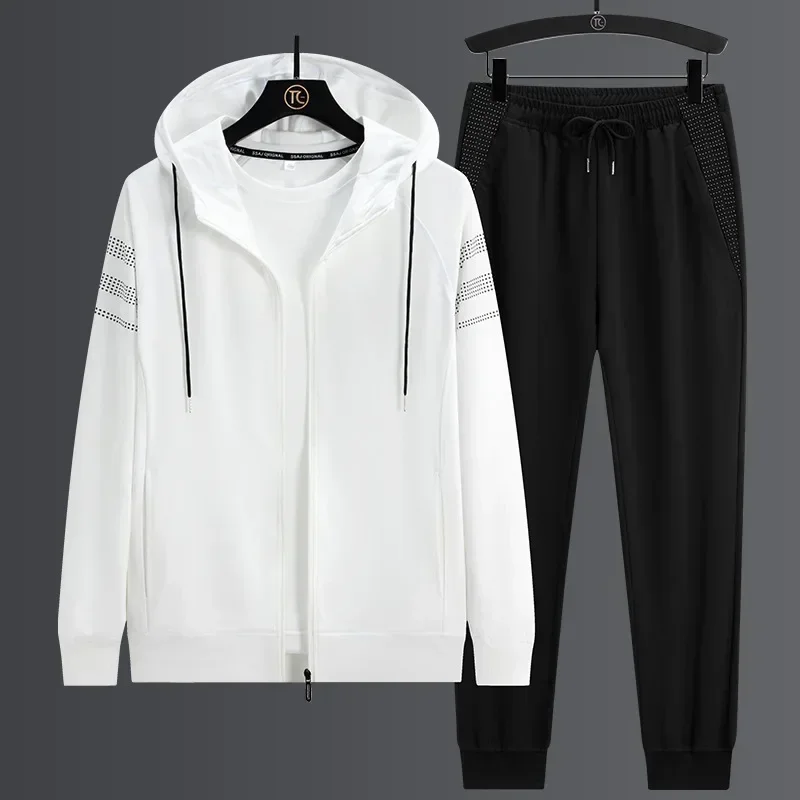 새로운 남성용 후드 가디건 스웨터 봄 가을 스포츠 레저 슈트 바지 다용도 남성용 스트라이프 3피스 세트