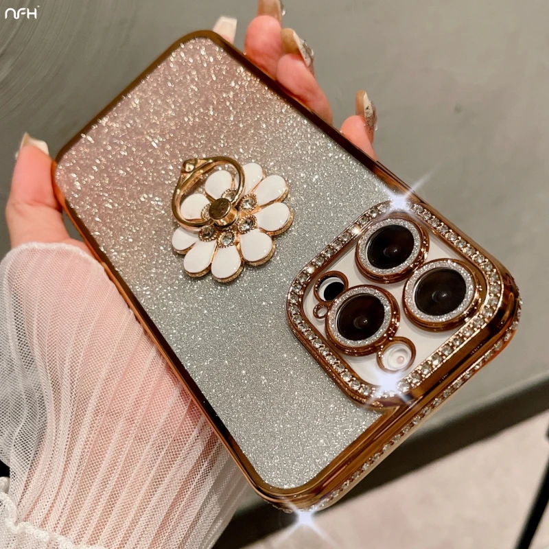 Luxury Plating Flash Diamond Frame Glitter Phone Case with Holder Stand Cover