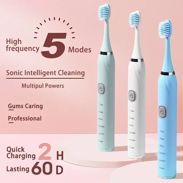Sonic Electric Toothbrush 5 Mode USB Charger Timer Brush Rechargeable Deep Clean Tooth Brushes Replacement Heads Set For Adults 4