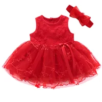 New Bow Dress+Headband Set Newborn Baby Girl Sleeveless Outfit Bowknot Lace Red Clothes Baby Summer For Girls 1