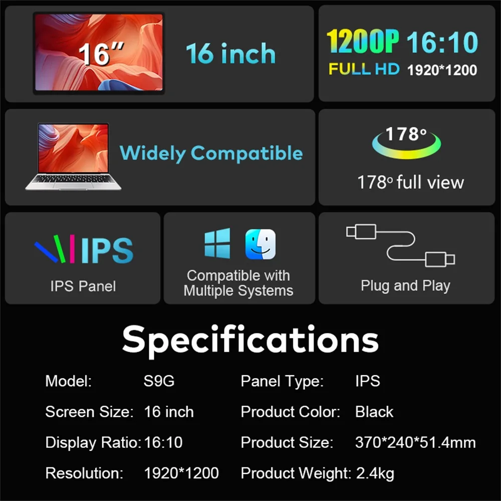 노트북용 로스파이더 듀얼 스크린 휴대용 모니터 확장기, 회전형 타입 C HDMI 맥북 윈도우 게임용