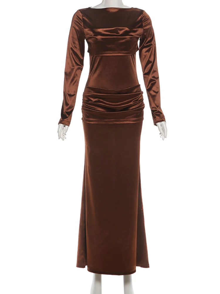 Nibber Fashion Silky Satin Long Dress Woman Autumn Trend o-Neck Full Sleeve High Waist Robe Daily Casual Ruched Elegant Vestidos