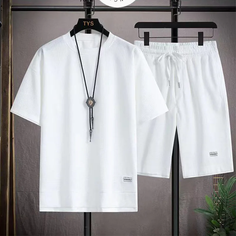 Summer Men's T-Shirt and Shorts Sets Casual Solid Color Two Piece Set Mens Waffle Fabric Tracksuit 2023 men's Fashion Clothing