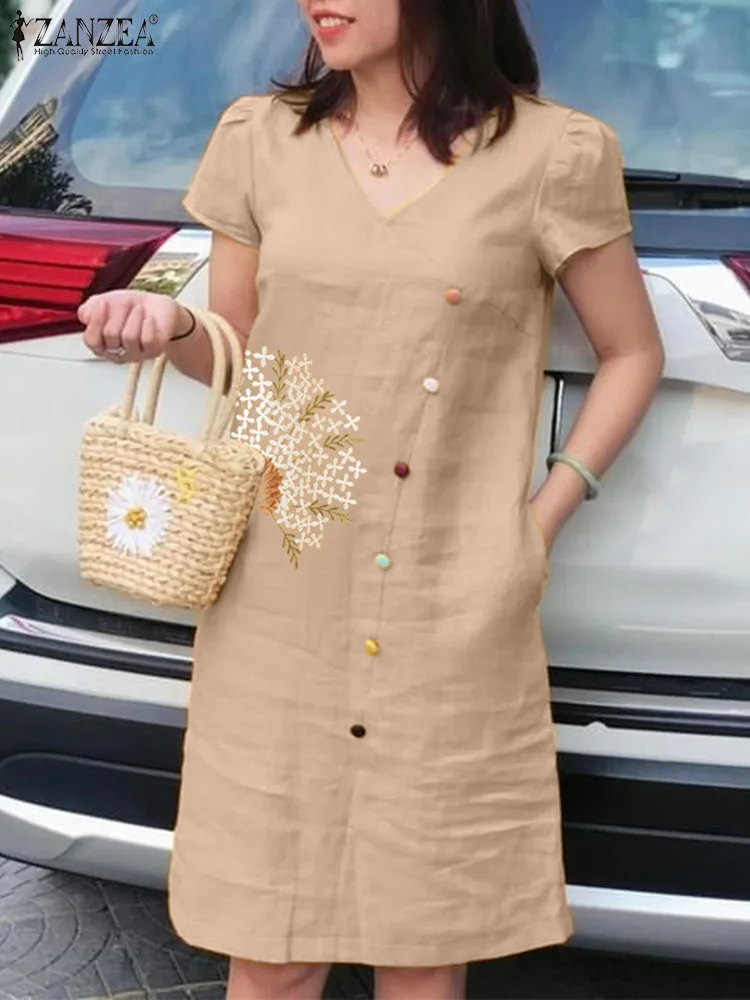

ZANZEA Summer Floral Embroidery Sundress Casual Holiday Work Midi Vestido Kaftan Women Vintage V Neck Short Sleeve Party Dress
