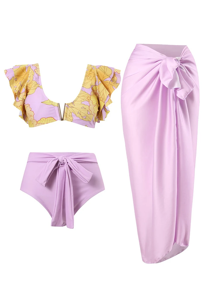 

Elegant Pink Printed One Piece Swimsuit Sexy High Waisted Ruffled Bikini Women 2023 Lace Up Fashion Swimwear with Cover Up Skirt